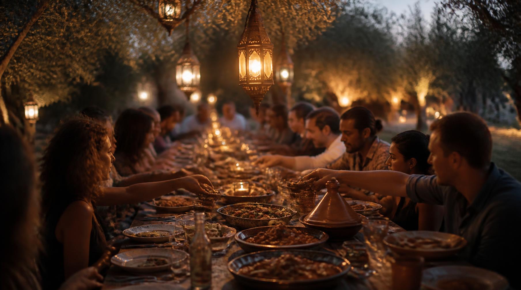 Guests sharing a long Moroccan table under olive trees at dusk