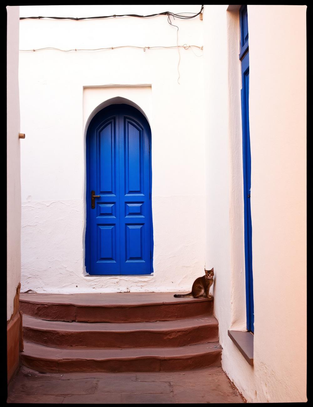 A blue arched doorway on a quiet whitewashed street in Rabat