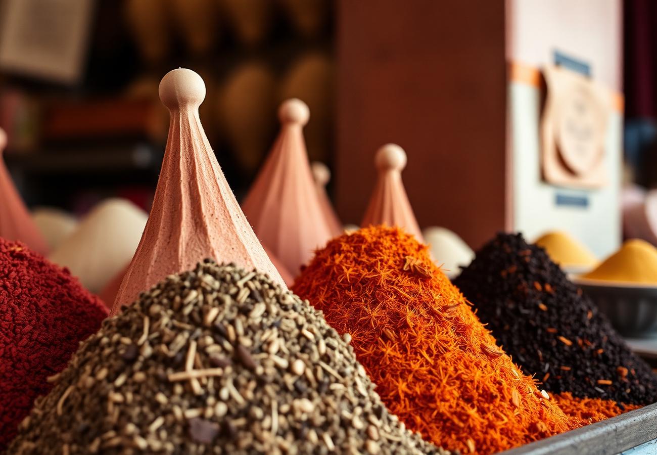Cones of spices on a Moroccan market stall