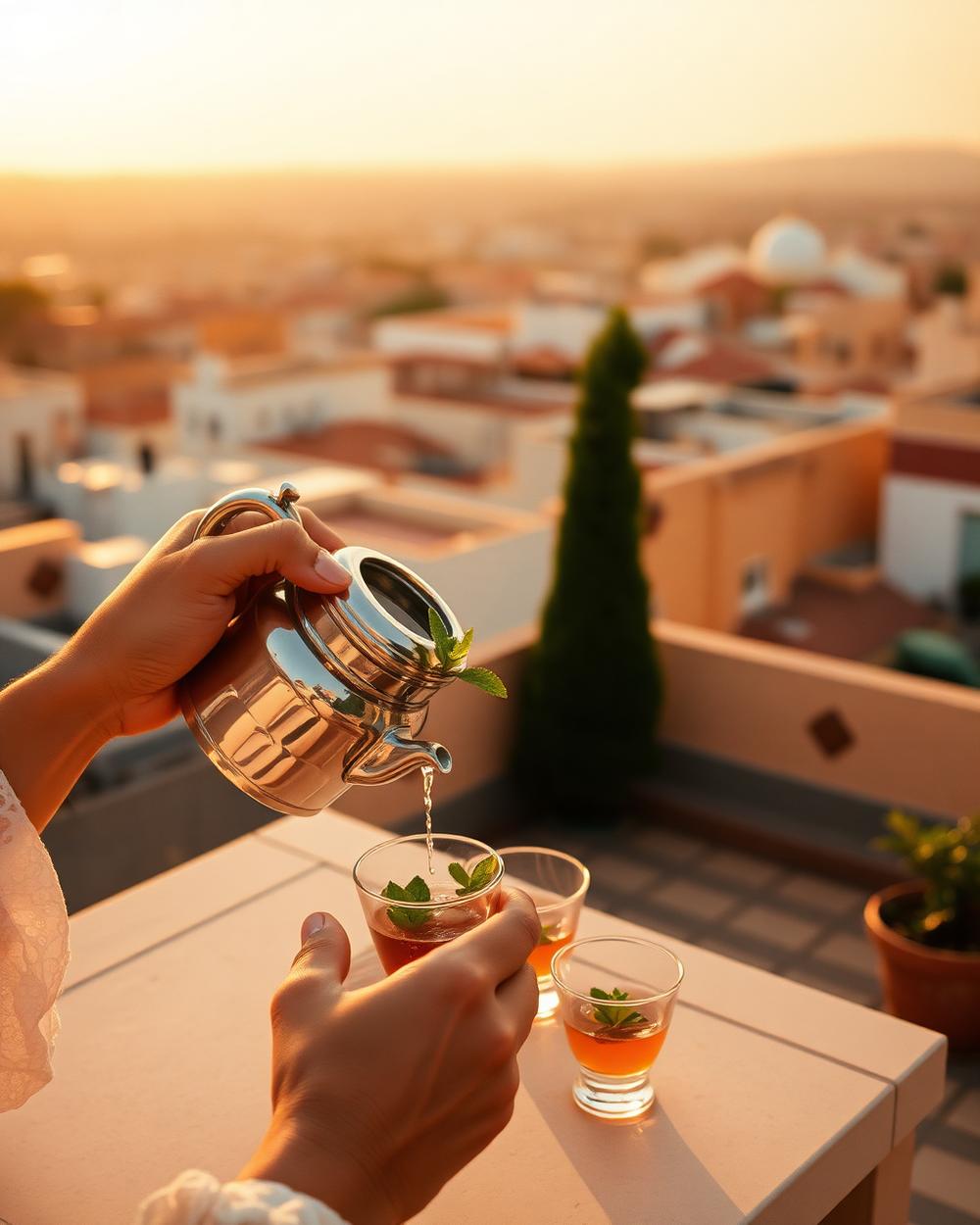 Mint tea poured on a rooftop terrace above Moroccan rooftops at sunset