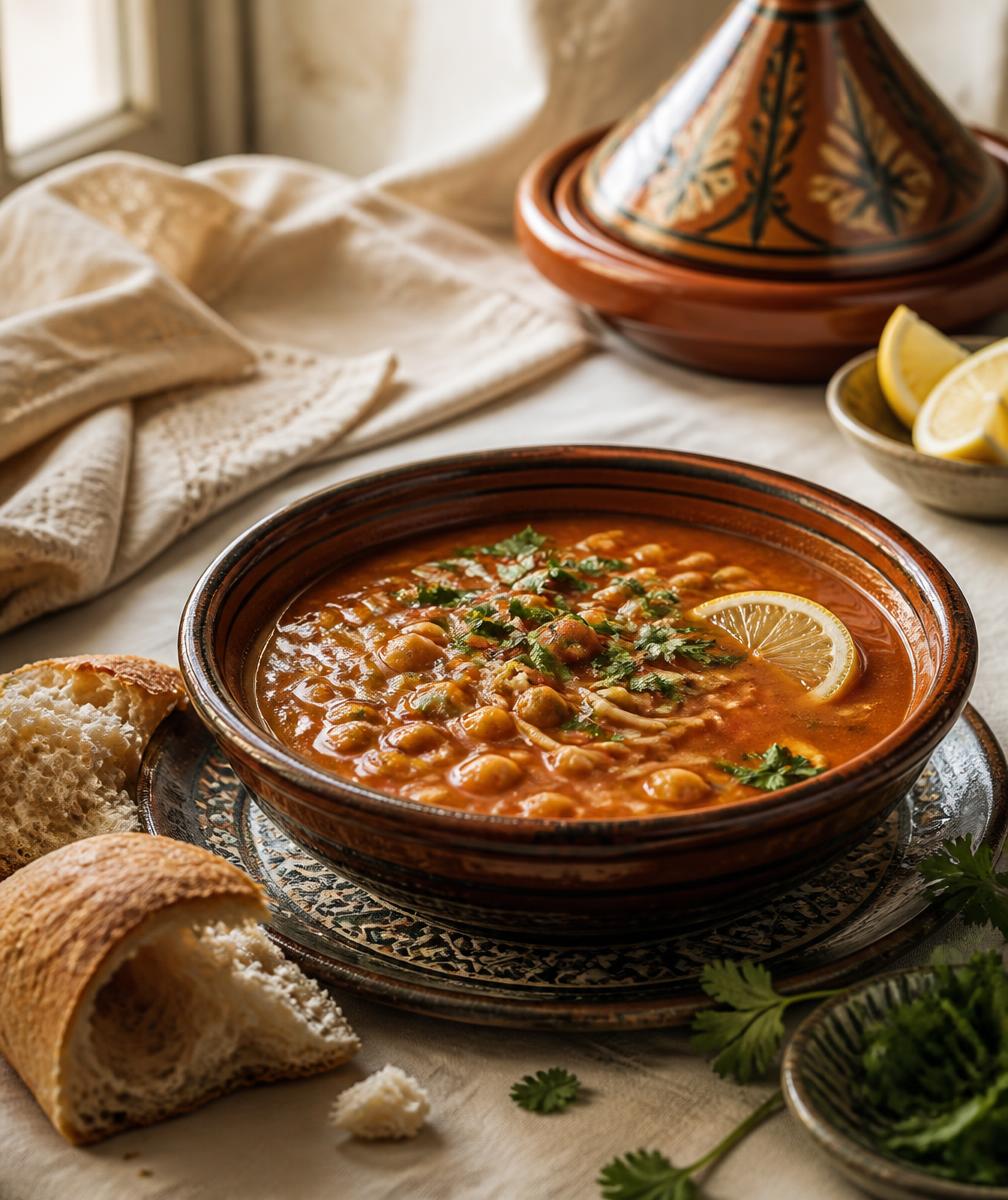 A bowl of harira soup with lemon, coriander and torn bread