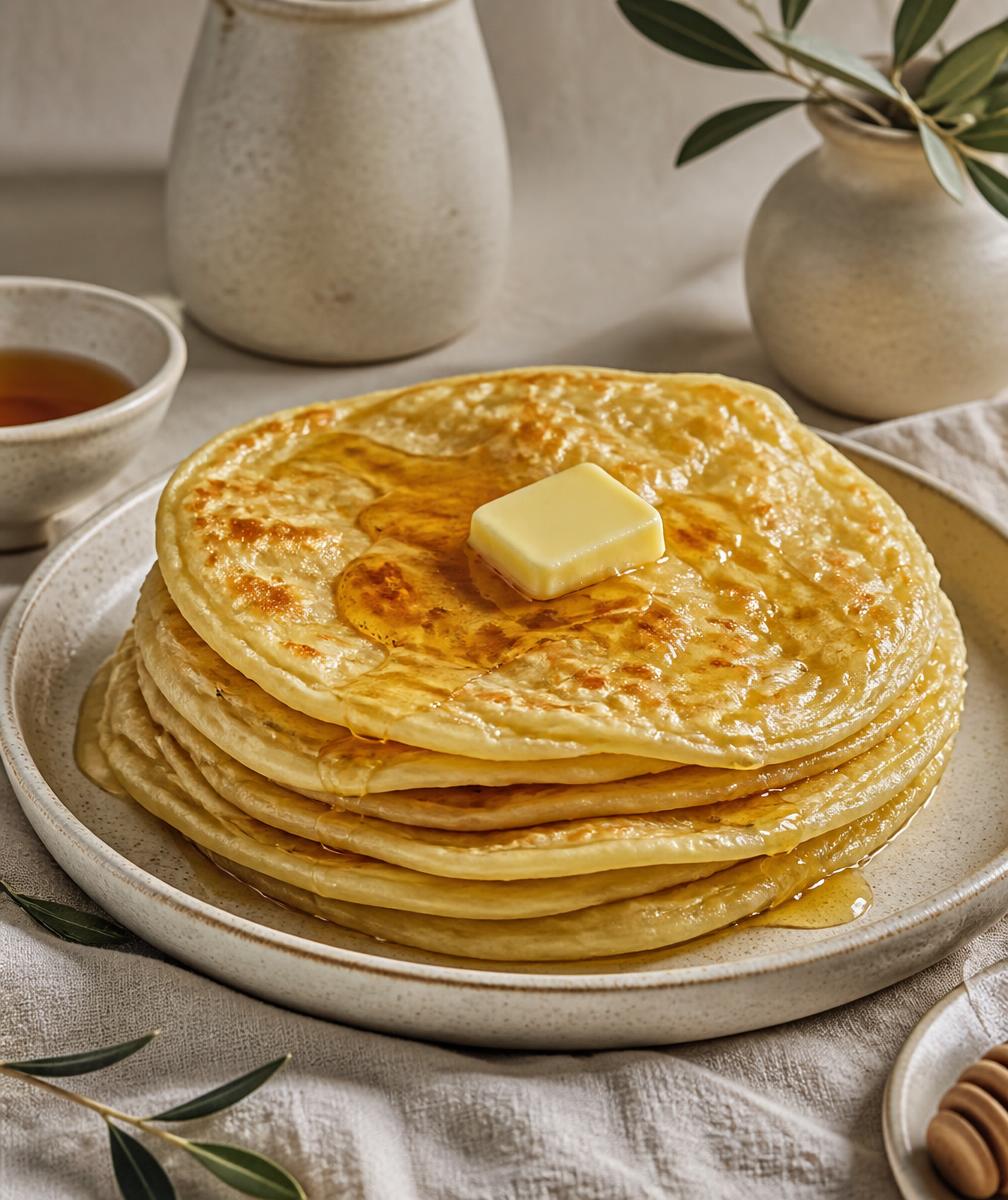 A stack of warm msemen flatbreads with honey and butter