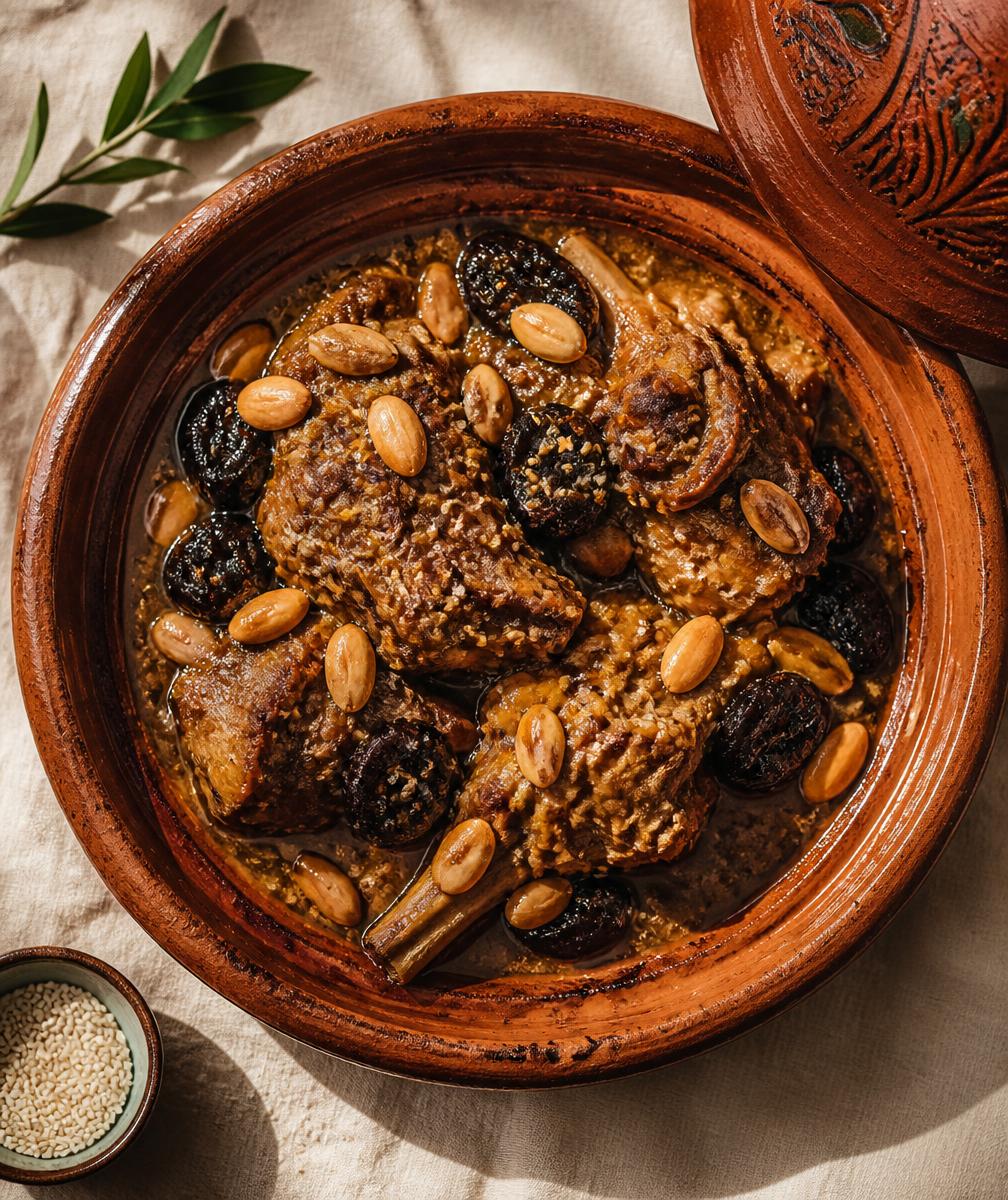 Lamb tagine with prunes and almonds in an earthenware dish