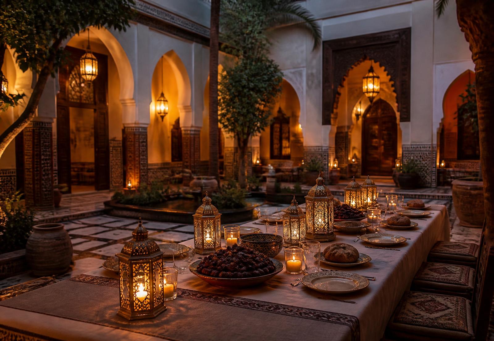 A lantern-lit courtyard table set for iftar in a Moroccan riad at dusk