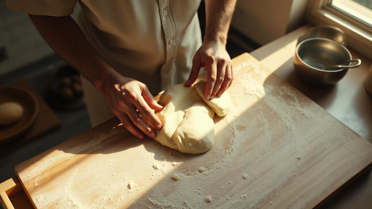 Hands folding msemen dough on a floured board