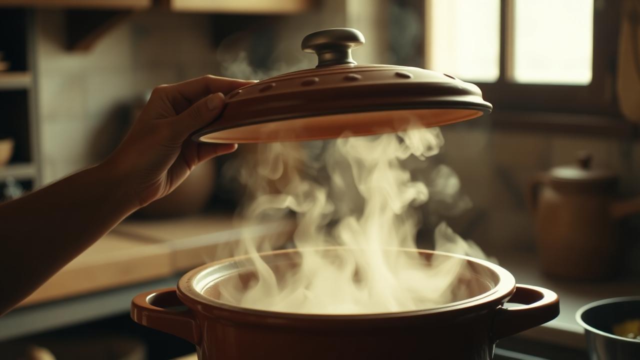 Steam rising as a terracotta tagine lid is lifted