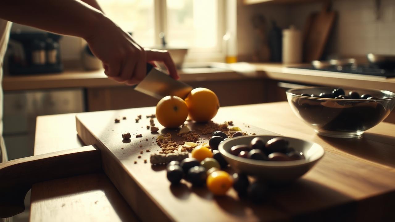 Preserved lemons and olives on a wooden chopping board